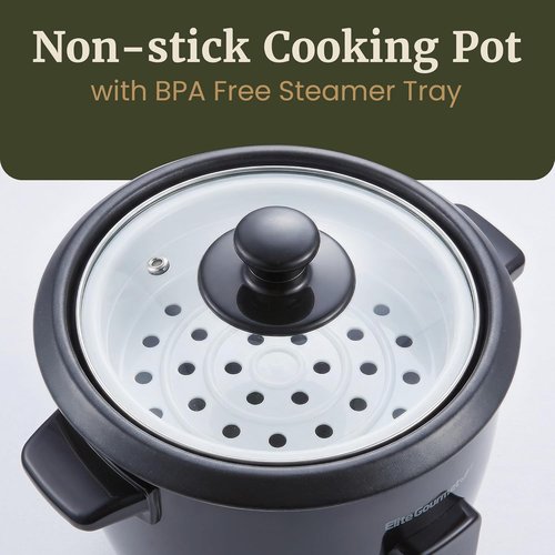 Elite Gourmet Electric Rice Cooker - Non-Stick Inner Pot & Steam Tray | 6 Cups Cooked, Black