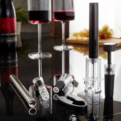 BergHOFF 6Pc Air Pressure Wine Opener with Chiller Pourer, Foil Cutter, Aerator Pourer, Vacuum Stopper Great for Gift