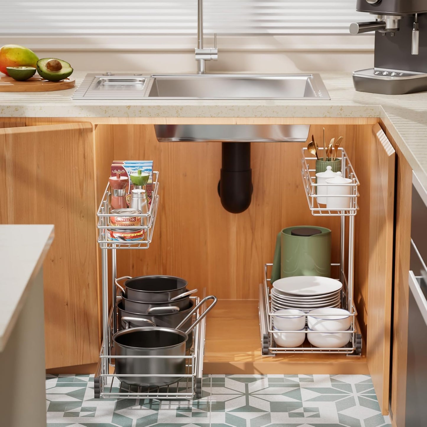 Under Sink Organizer - 2-Tier Pull-Out Cabinet Organizer | Chrome Plated, 9"W x 18.5"D for Kitchen & Bathroom