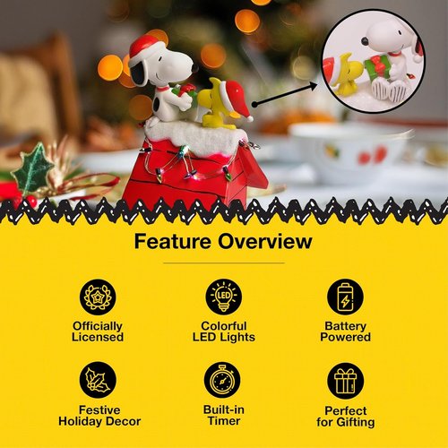 Mark Feldstein Peanuts Snoopy's Dog House Figurine - LED Christmas Lights | 7.5 Inch Red Decor
