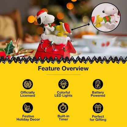 Mark Feldstein Peanuts Snoopy's Dog House Figurine - LED Christmas Lights | 7.5 Inch Red Decor