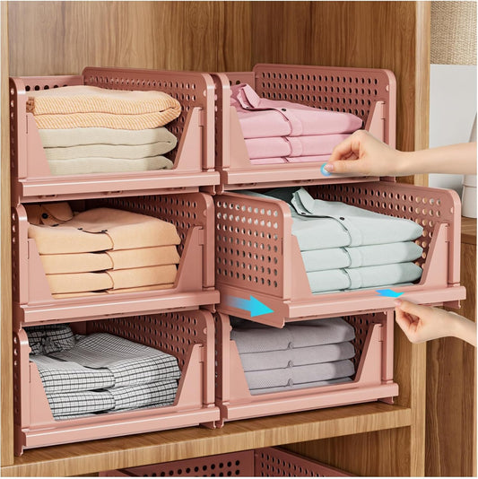 SNSLXH Stackable Closet Organizer Box - Multifunctional & Foldable Storage Basket for Home | Pink, 5 Pack