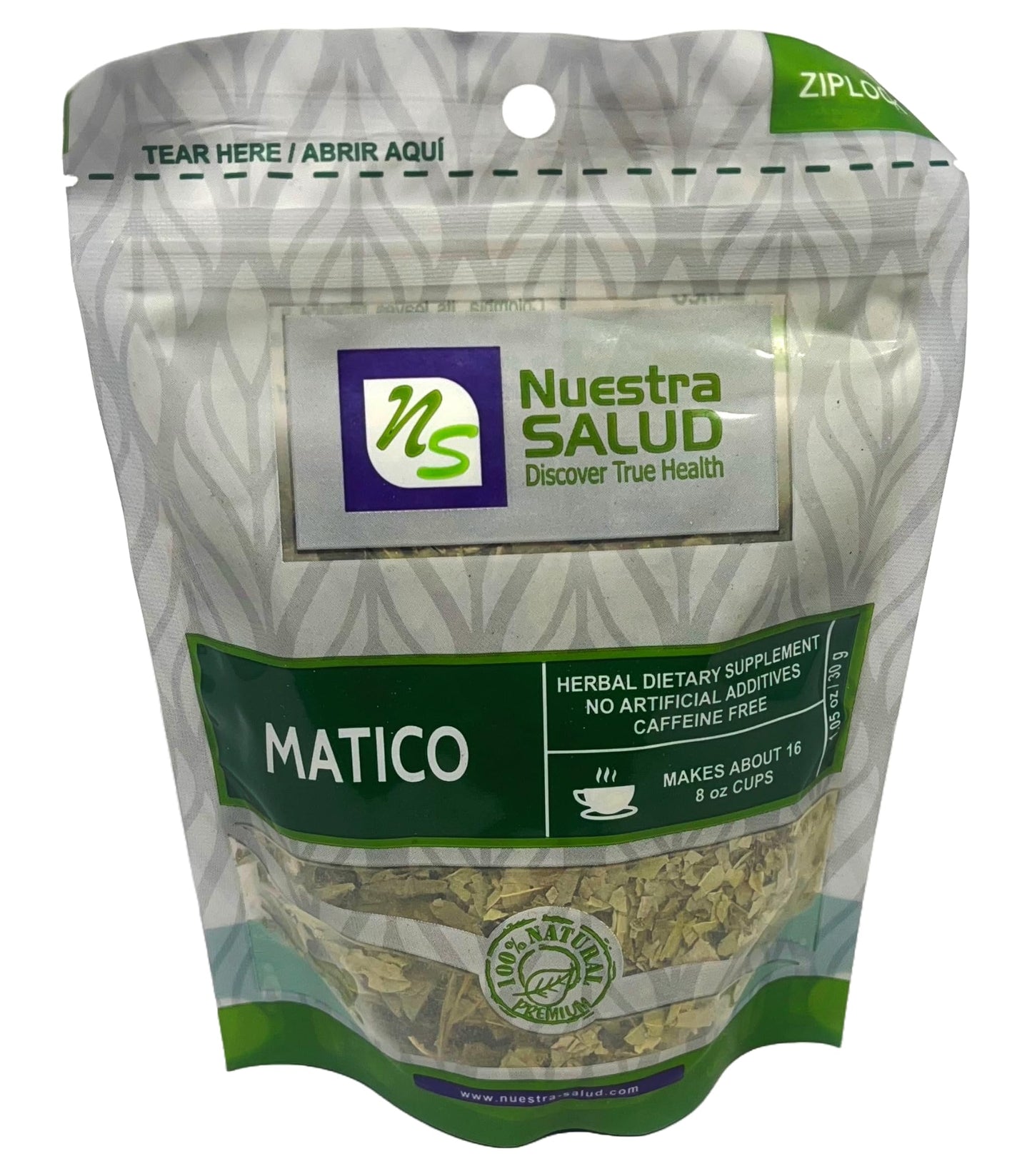 Nuestra Salud Matico Tea - Herbal Tea Leaf from Peru (30g) in a Zip-Lock Bag - 100% Natural and Caffeine Free Leaves