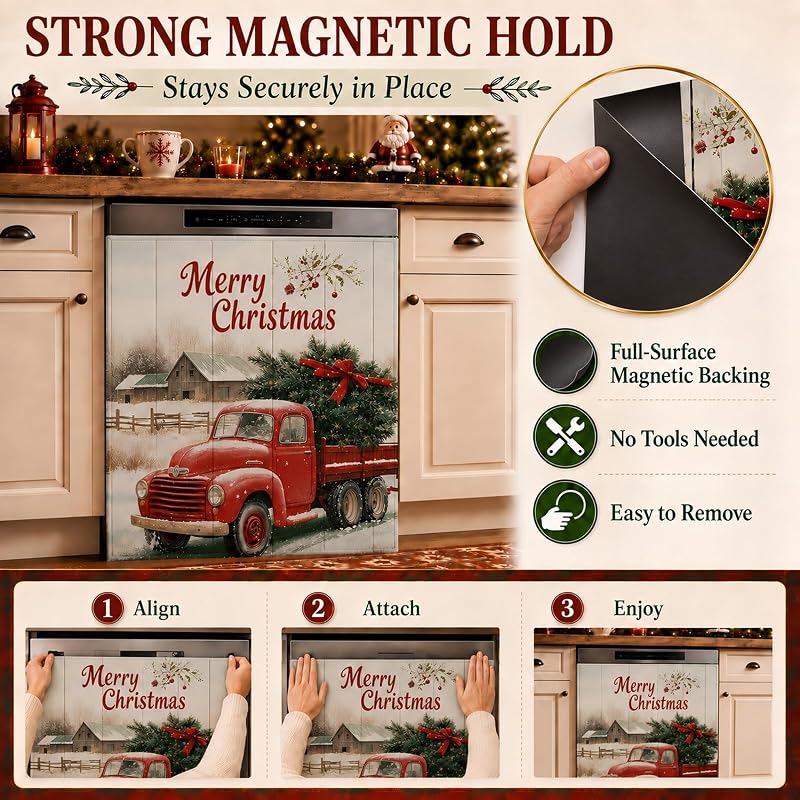 Christmas Red Truck Dishwasher Magnet Cover - Full Door Magnetic Panel