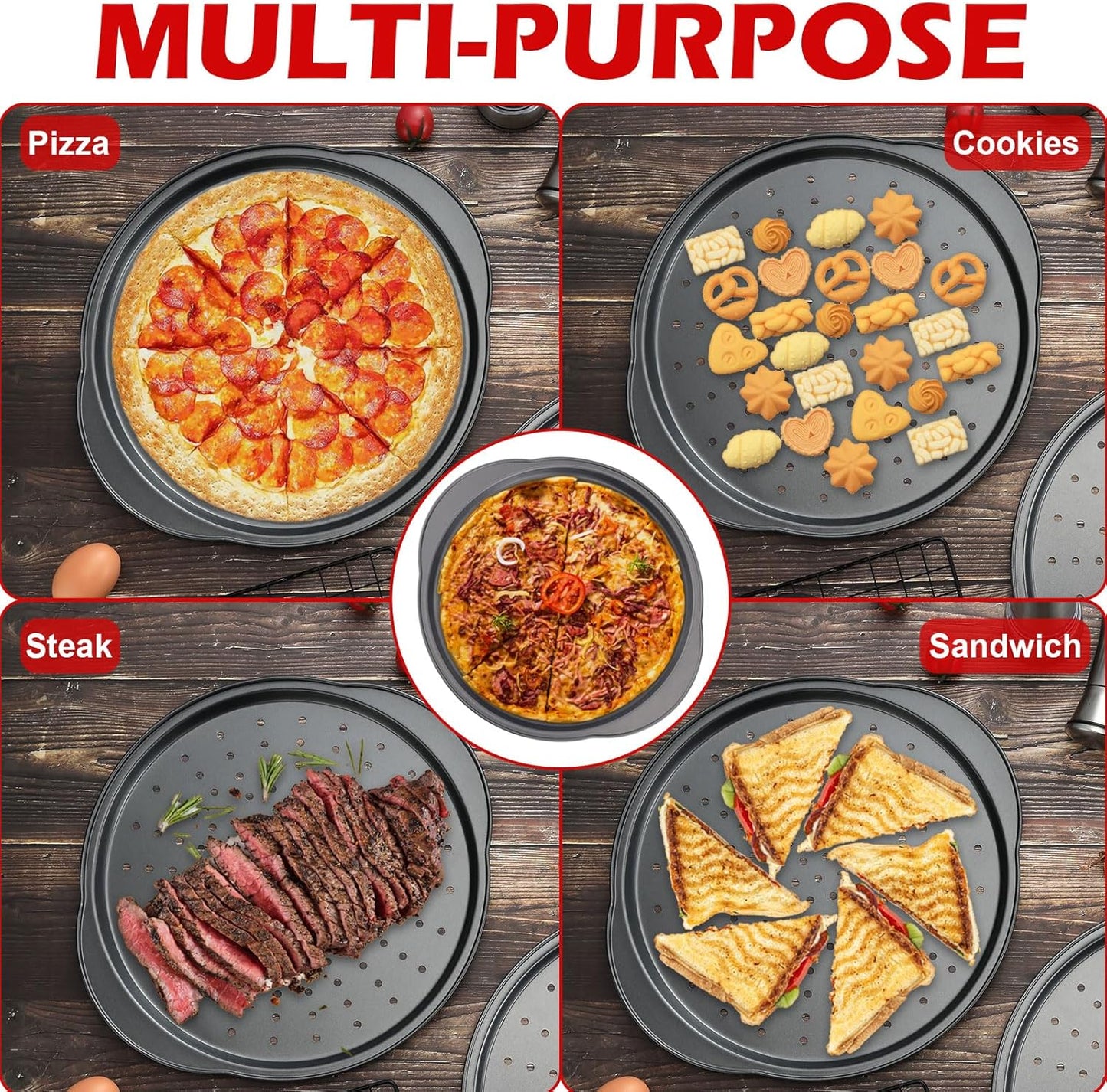 Skiennix 13" Round Pizza Pan - Non-Stick Carbon Steel with Holes & Handle | Easy to Clean & Oven Safe (2 Pack)