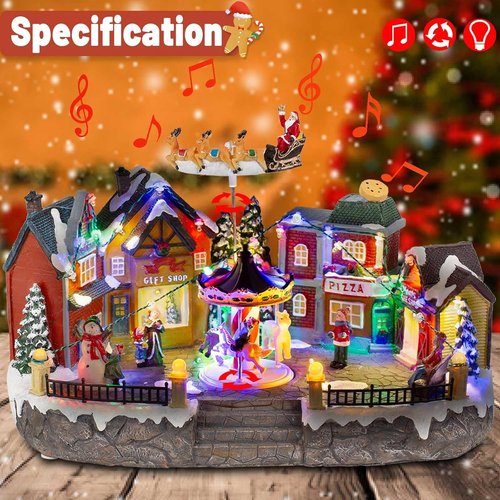 Animated Christmas Village Scene - Santa Sleigh, LED Lights & Rotating Carousel | Musical Holiday Display