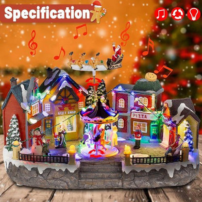 Animated Christmas Village Scene - Santa Sleigh, LED Lights & Rotating Carousel | Musical Holiday Display