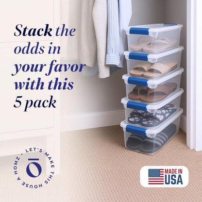 HOMZ Clear Plastic Storage Bins - 5-Pack Latching Lid Organizers, 7.5 Quart, Blue Latch | Stackable for Home & Office