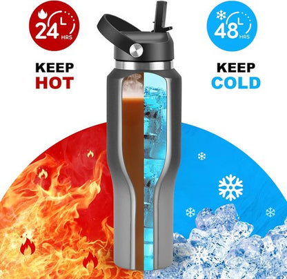 HYDROWION Insulated Water Bottle - 40 oz Stainless Steel Tumbler with Leak-Proof Straw & Flex Cap | Black & Grey