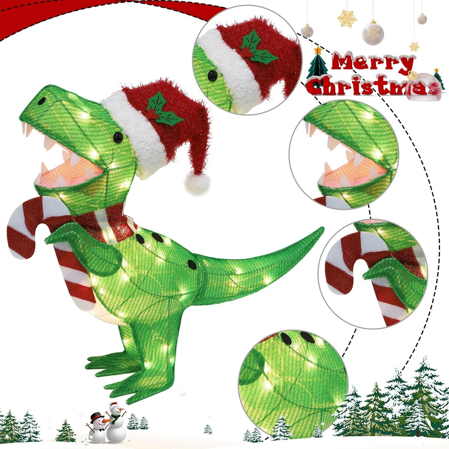 Waterglide Lighted Christmas Dinosaur | 22.5-Inch Pre-Lit 3D Tinsel Tyrannosaurus with Red Hat for Outdoor Holiday Decor