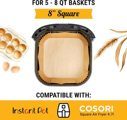 Baker's Signature Air Fryer Liners - 250 Pcs Non-Stick & Oil Proof, 8” Square for 5-8 Qt Baskets