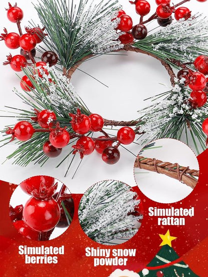 Christmas Candle Rings - Decorative Wreath Garland for 3" Dia Pillar Candles | Artificial Red Berries