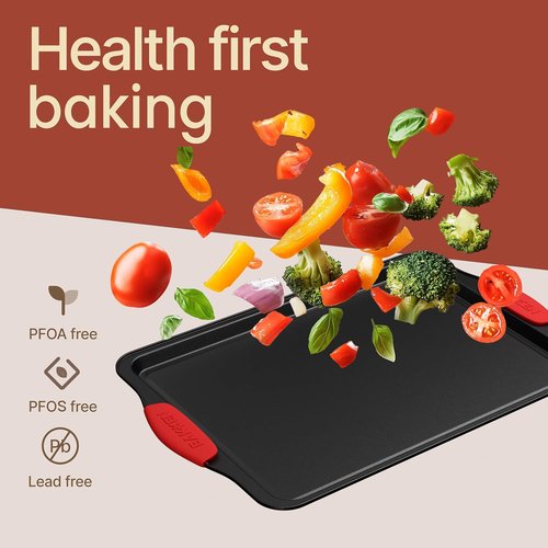 BAKKEN Nonstick Baking Pan - Durable Carbon Steel Cookie Sheet with Red Silicone Handles | 15.15 x 10.03 Inches, Oven Safe Up to 450°F