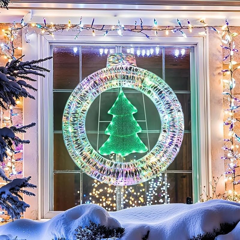 Outdoor Christmas Wreath with 84 LED Lights and Mini Tree - 33in Winter Yard Decor
