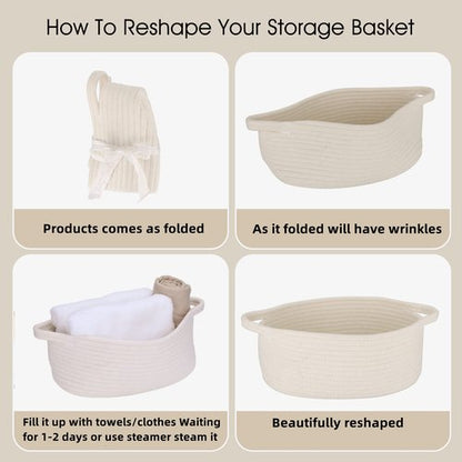 Small Woven Basket Cute Oval Cotton Rope Gifts Basket with Handle Empty Baby Wicker Storage Basket Nursery Box Bin Kids Organizer Cat Dog Toy Basket Easter Basket White