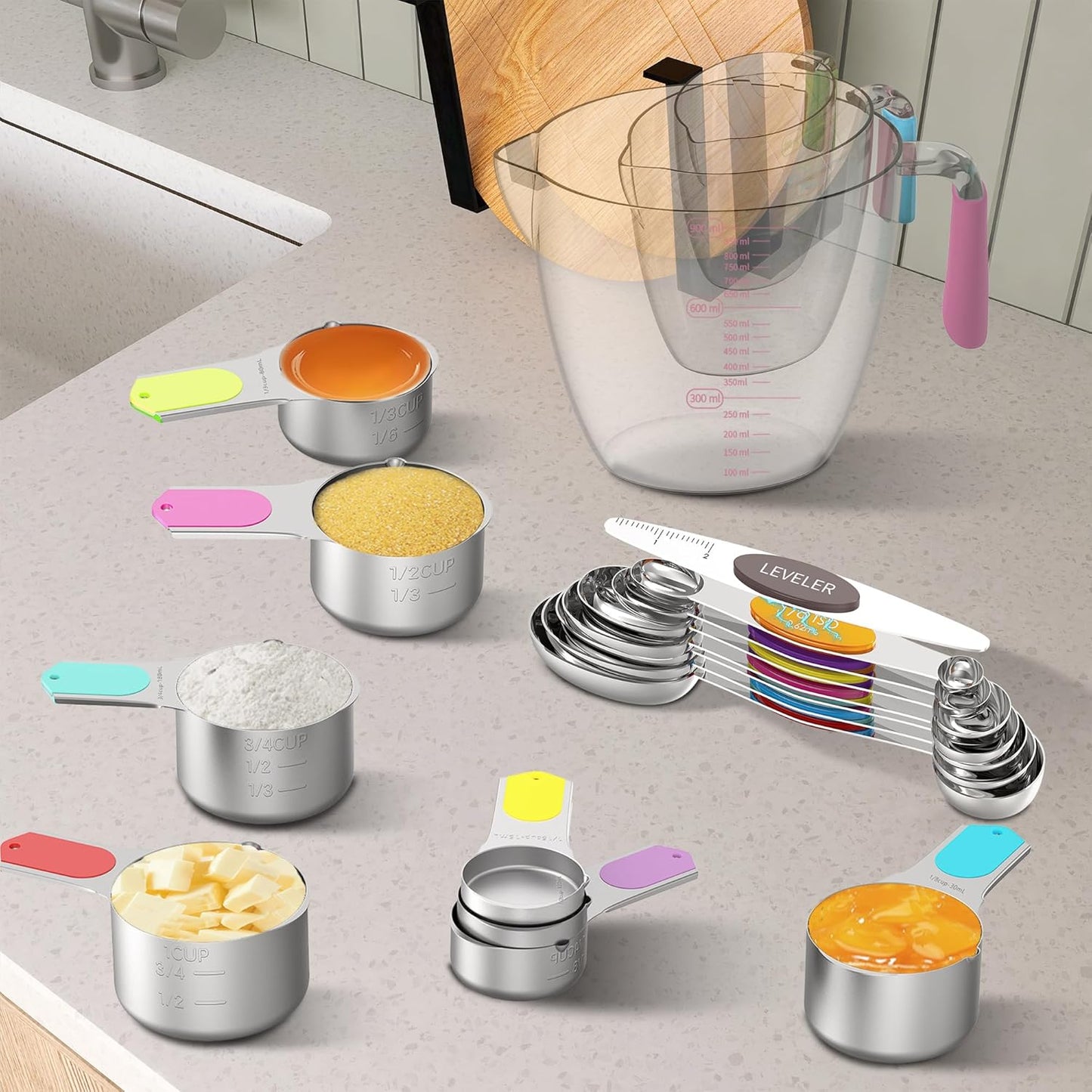 Skiennix Magnetic Measuring Cups & Spoons Set - 5 Stainless Steel Cups & 7 Magnetic Spoons