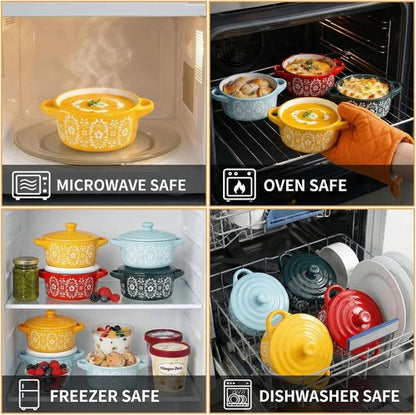 Goaste 4 Pack Porcelain Ramekins - 7 OZ Mini Casserole Dishes with Lids & Handles | Round Ceramic Cocotte Bowls for Soufflé, Crème Brûlée, Lava Cake & Soup (4 Colors)