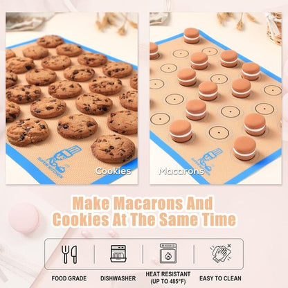 Folksy Super Kitchen Silicone Macaron Baking Mat Set - Non-Stick Oven Liner for Cookies | 3 Pieces (2 Half Sheets & 1 Quarter Sheet) - Blue (16.5x11.6)