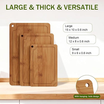 Bamboo Cutting Boards Set - Premium Wood Chopping Boards with Juice Grooves & Handles | Large, Medium, Small Sizes