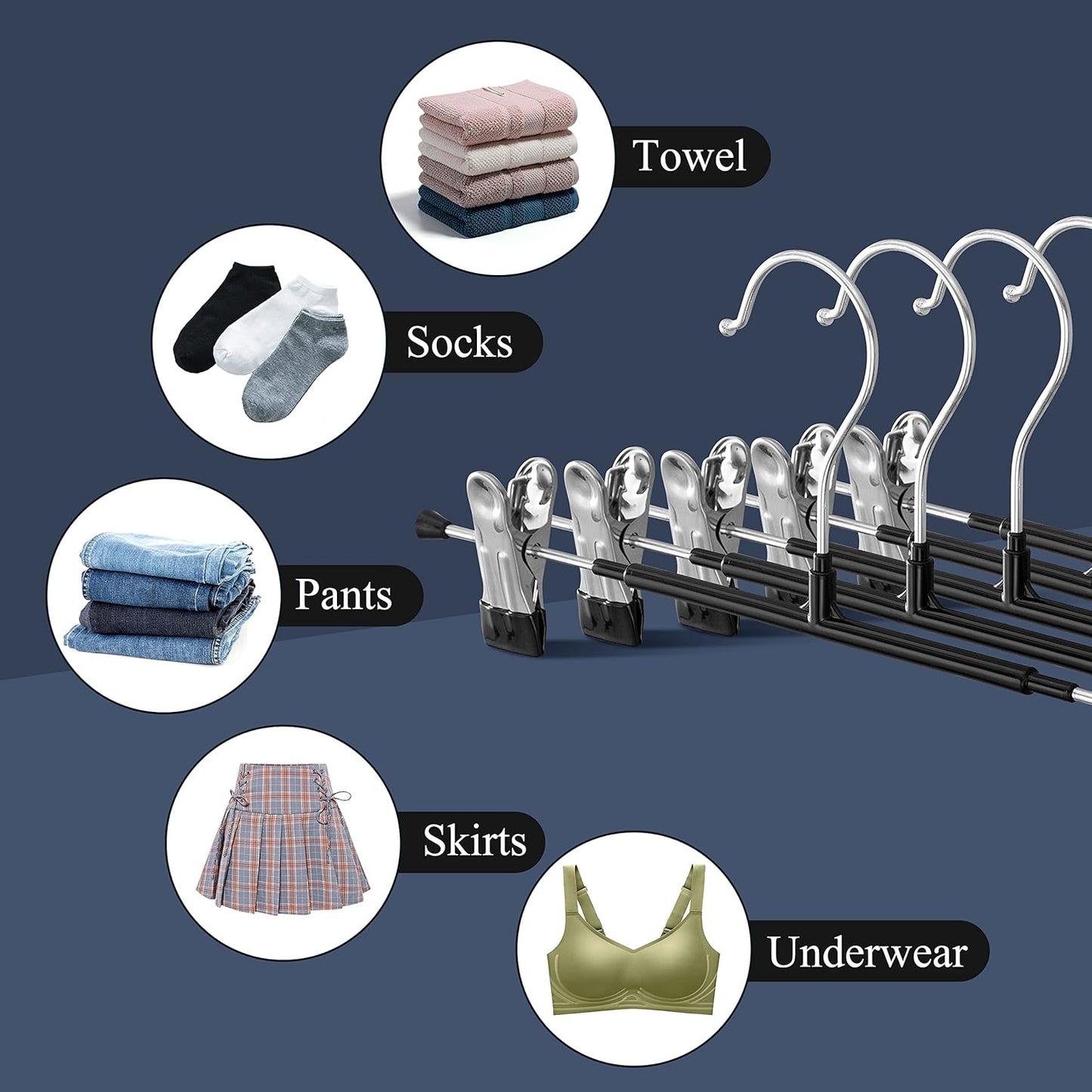 Skiennix Pants Hangers with Clips - Adjustable Heavy-Duty Non-Slip Skirt Hangers | 20-Pack, Black, 12-Inch