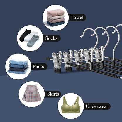 Skiennix Pants Hangers with Clips - Adjustable Heavy-Duty Non-Slip Skirt Hangers | 20-Pack, Black, 12-Inch