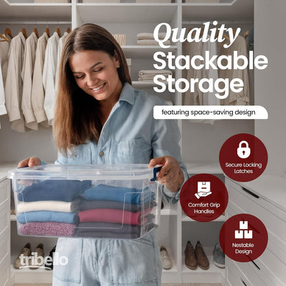 Tribello Clear Plastic Storage Bins with Lids - Stackable 21 Qt Containers for Organized Spaces
