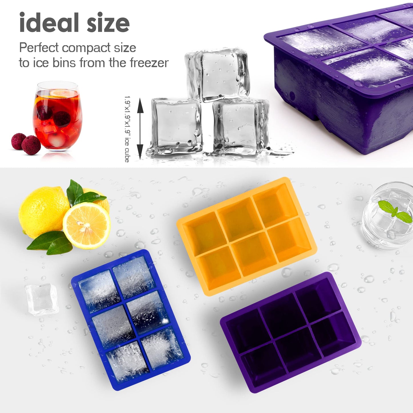 Excnorm Ice Cube Trays 3 Pack - Large Size Silicone Ice Cube Molds with Removable Lids Reusable and BPA Free for Whiskey, Cocktail, Stackable Flexible Ice