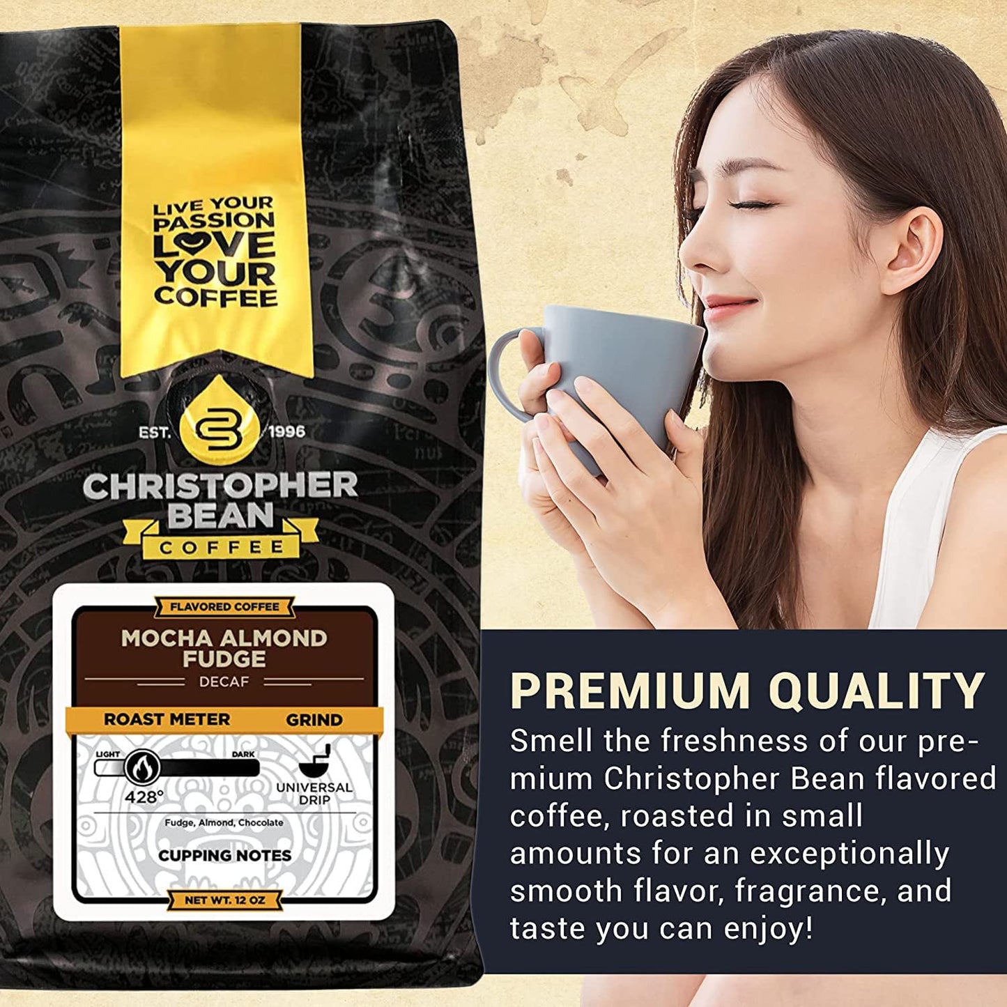 Christopher Bean Coffee Decaf Coffee Ground - Mocha Almond Fudge Flavored Coffee, Decaffeinated Coffee w/Non-GMO Flavoring, Arabica Coffee Beans, Makes 30 Cups, Non-Dairy & Sugar-Free, 12 oz