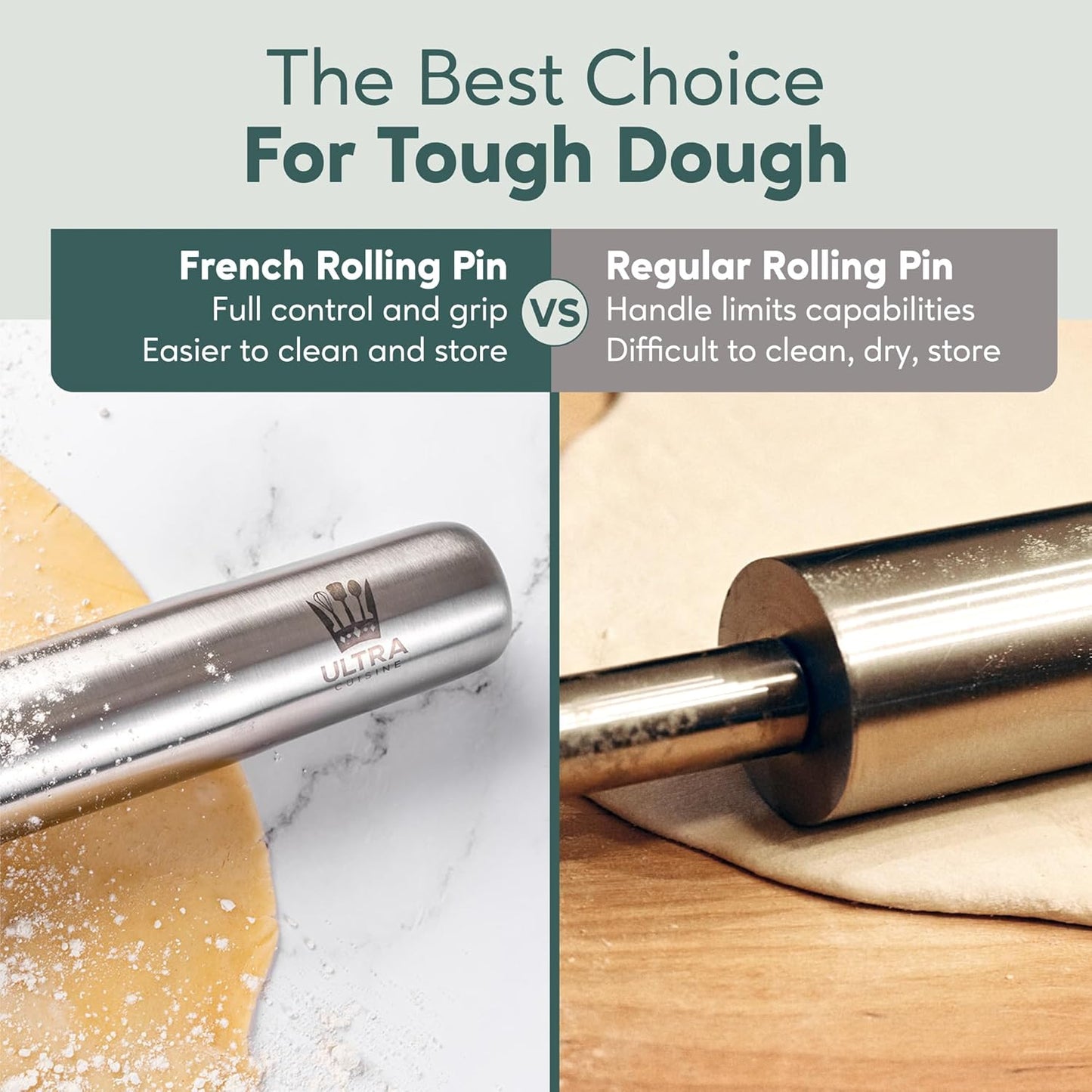Ultra Cuisine French Rolling Pin - Tapered Design for Baking Pizza, Cookies & Pastries | 15.75-Inch Stainless Steel