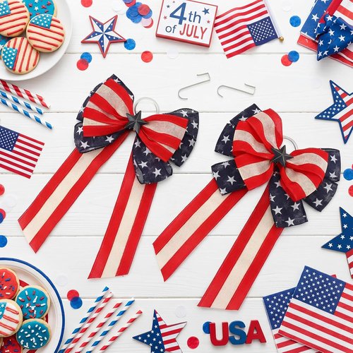 Knitgrip Patriotic Bows - 2 Pack Red, White & Blue Decorative Bows for 4th of July Wreaths & Planters
