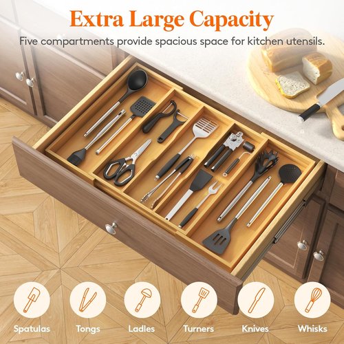 Lifewit Utensil Organizer - Expandable Kitchen Drawer Tray for Cutlery & Silverware | Natural Wood, 15.6-28 x 18.5