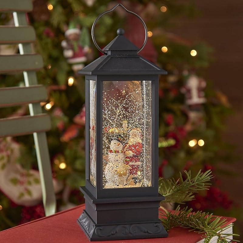 Lighted Snow Globe Lantern - 11 Inch Santa & Snowman Water Globe