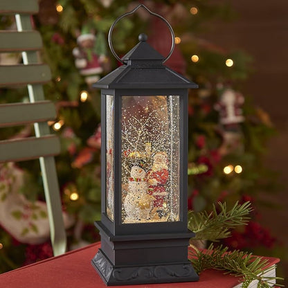 Lighted Snow Globe Lantern - 11 Inch Santa & Snowman Water Globe