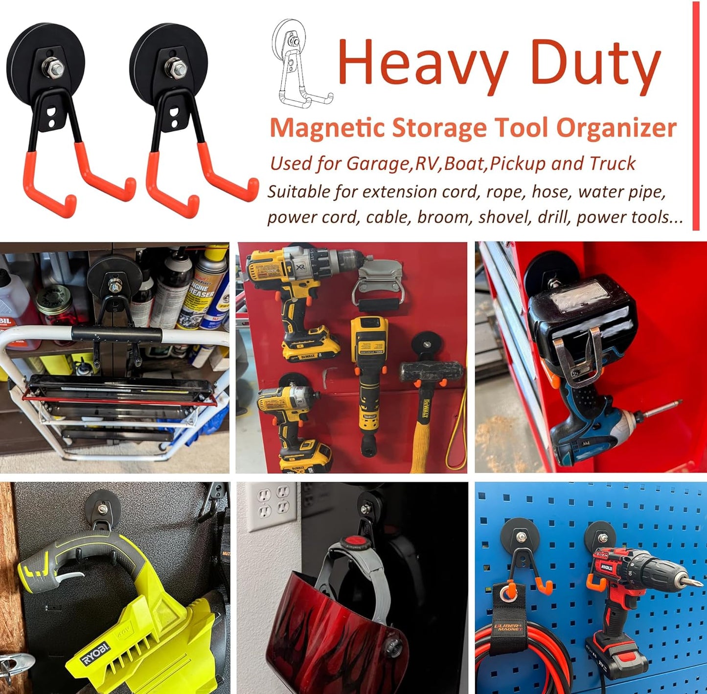 ULIBERMAGNET Heavy Duty Magnetic Garage Hooks - 4 Pack Strong Hooks for Tools & Storage | Orange