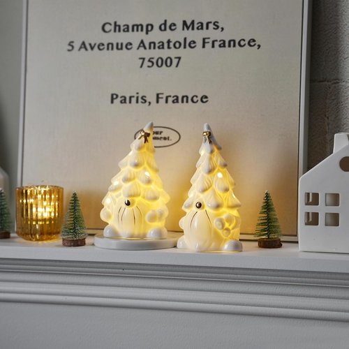 AOMOONOA Ceramic Christmas Tree Gnome - Lighted Tabletop Decoration for Indoor Holiday Decor - White