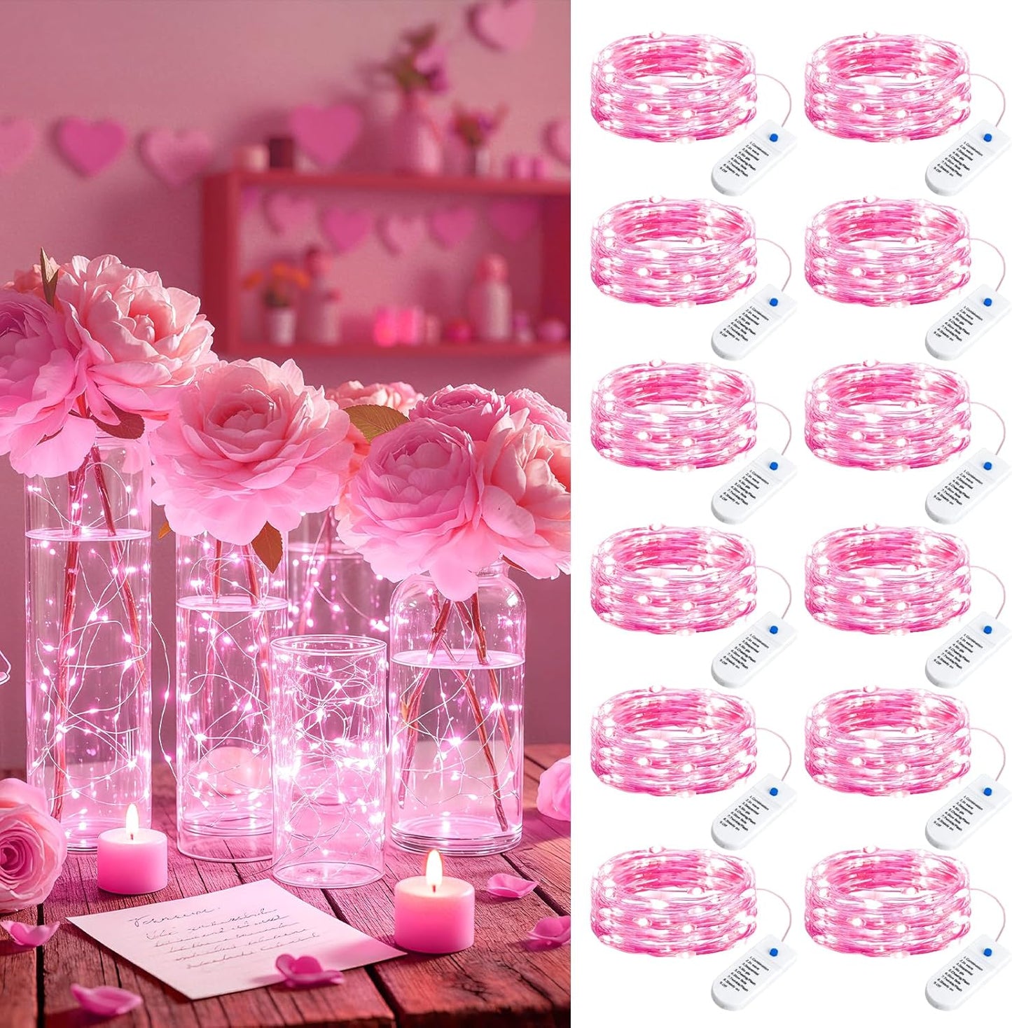 Minetom 12 Pack Pink Christmas Lights | 7ft 20 LED Battery Operated Fairy Lights for Valentine's Day Decor