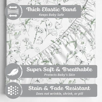 Skiennix Fitted Baby Crib Sheets - Buttery Soft Organic Cotton Blend | 2 Pack in Butterfly Garden Design