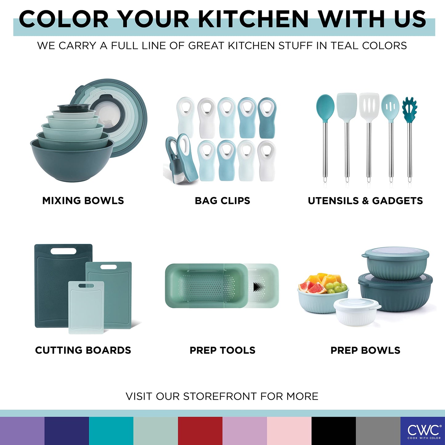 COOK WITH COLOR Mixing Bowls with TPR Lids - 12 Piece Plastic Nesting Bowls Set includes 6 Prep Bowls and 6 Lids, Microwave Safe Mixing Bowl Set (Teal)