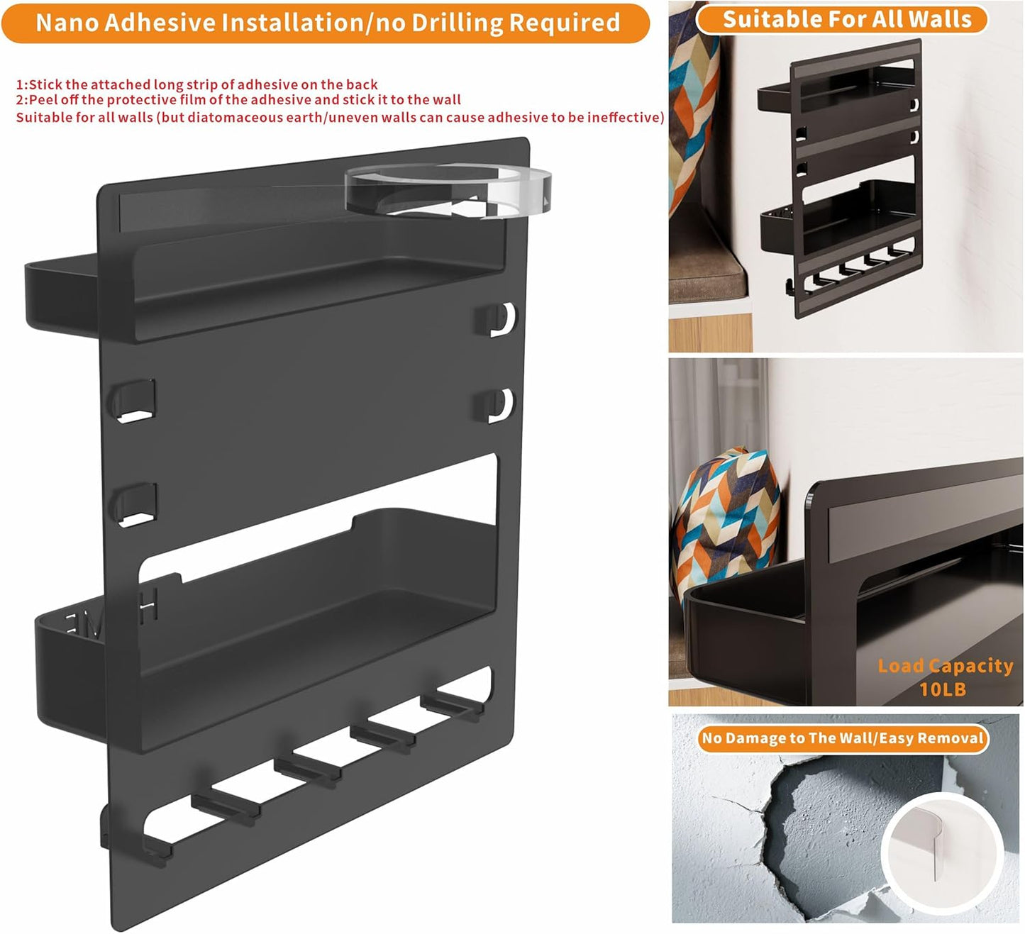Yieach Bedside Shelf - Wall Mounted Floating Organizer for Remote & Phone | Black Dorm Room Decor