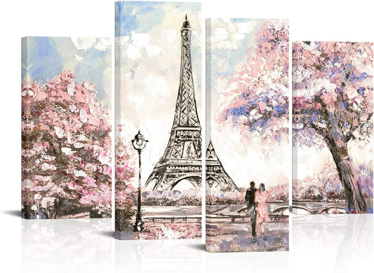 Visual Art Decor Pink Eiffel Tower Wall Art - Romantic Paris Landscape for Living Room | Framed 34x48in