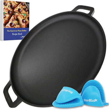 StarBlue 16-Inch Cast Iron Pizza Pan - Pre-Seasoned Griddle with Free Silicone Handles & Recipe Ebook | Ideal for Baking & BBQ