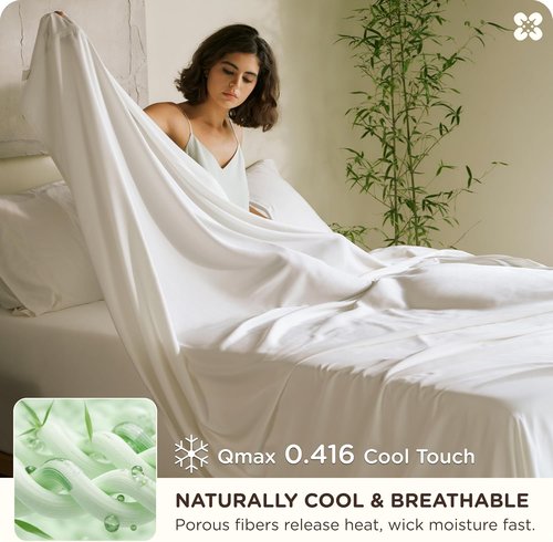 Bedsure 100% Organic Bamboo Viscose Queen Sheet Set - Cooling Luxury Bedsheets for Hot Sleepers | 18" Deep Pocket | Oeko-Tex Certified White