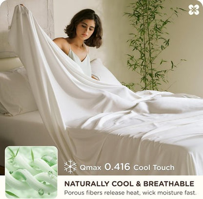 Bedsure 100% Organic Bamboo Viscose Queen Sheet Set - Cooling Luxury Bedsheets for Hot Sleepers | 18" Deep Pocket | Oeko-Tex Certified White