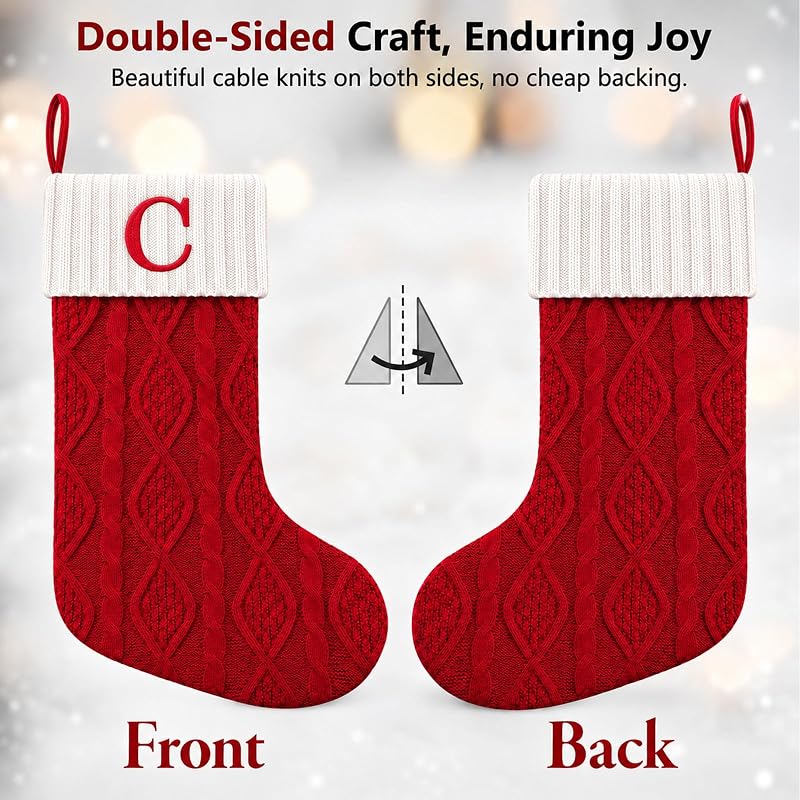 Personalized 20” Christmas Stocking with Initial A - Knitted Embroidered Monogram
