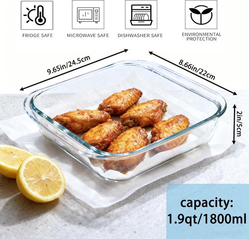 Glass Baking Dish - 1.9qt Square 8x8 Oven Safe Baking Pan | Durable & Versatile Cookware