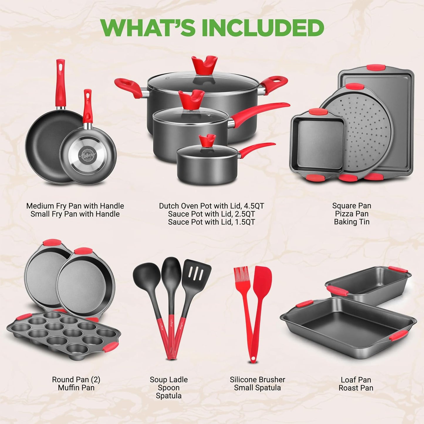 NutriChef 21-Piece Nonstick Cookware Set - Heat Resistant, PTFE/PFOA Free | Includes Pots, Pans & Bakeware