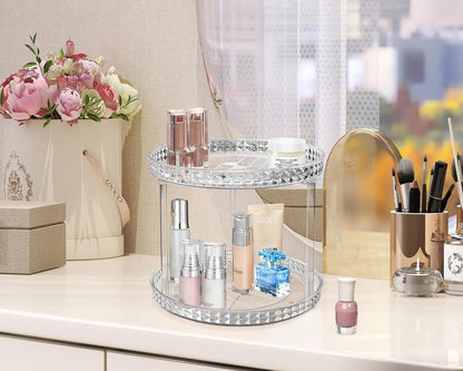 Skiennix 2-Tier Diamond Lazy Susan Bathroom Organizer - Clear 360° Rotating Makeup & Skincare Storage | 9.25 Inch