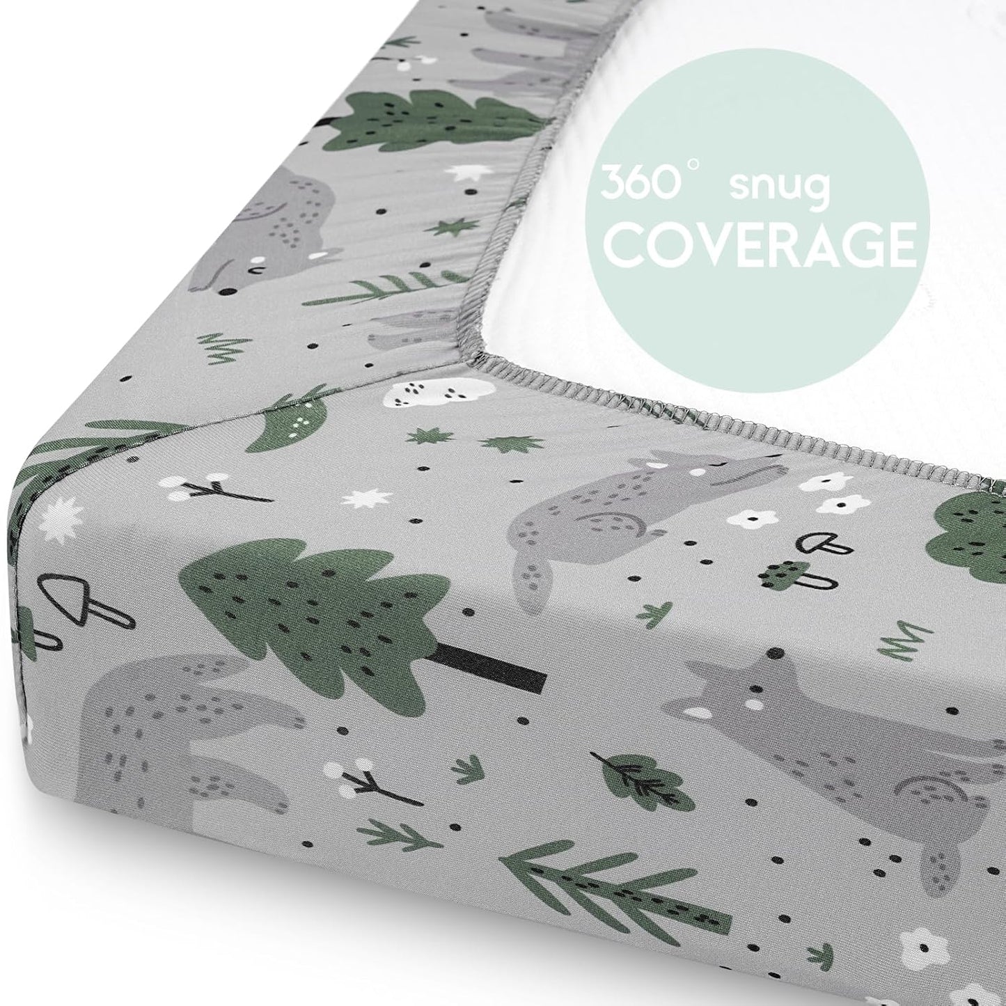Yoofoss Fitted Pack and Play Sheets - Soft & Breathable Mini Crib Sheets 2-Pack in Gray-Green & Fox