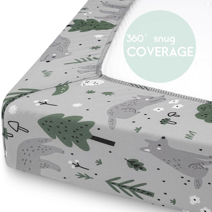 Yoofoss Fitted Pack and Play Sheets - Soft & Breathable Mini Crib Sheets 2-Pack in Gray-Green & Fox