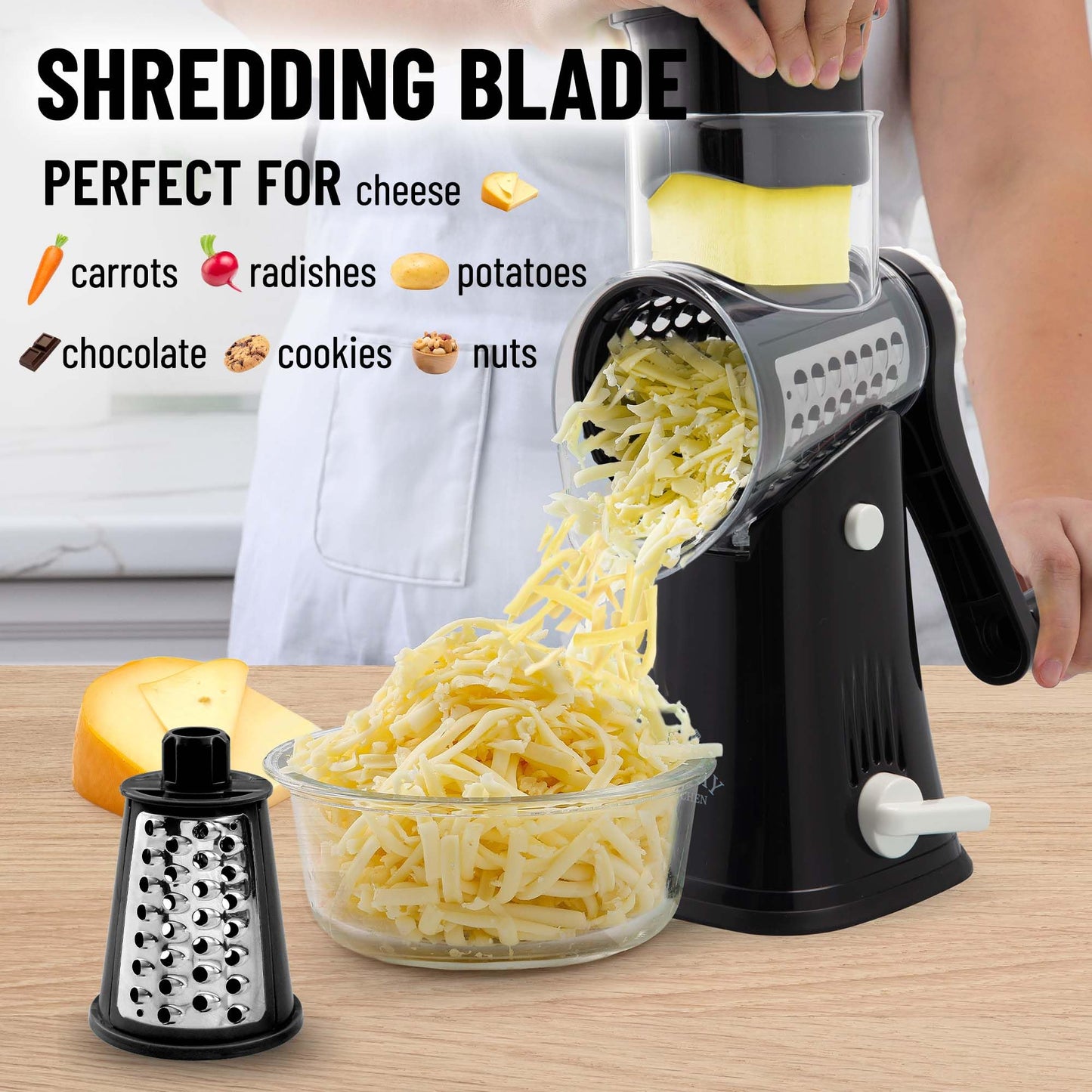 Zulay Kitchen Rotary Cheese Grater 5 Blade Cheese Shredder - Manual Hand Crank Cheese Grater With Reinforced Suction & 5 Interchangeable Drums - Easy to Use, Vegetable Chopper Round Mandoline Slicer